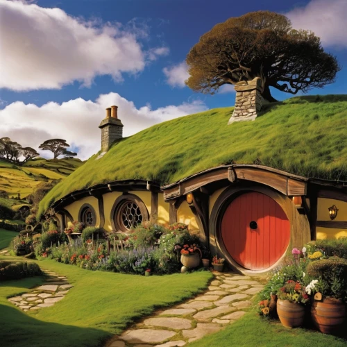 hobbiton,hobbit,grass roof,crooked house,garden buildings,jrr tolkien,round hut,fairy door,turf roof,home landscape,fairy village,round house,roof domes,house roofs,studio ghibli,dandelion hall,toad in hole,knight village,children's playhouse,houses clipart,Illustration,American Style,American Style 05