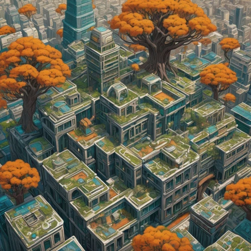 city blocks,skyscraper town,roof landscape,tokyo city,urban design,isometric,roofs,fantasy city,tree tops,terraforming,urban landscape,city buildings,apartment block,fractal environment,ancient city,urban development,buildings,aerial landscape,urbanization,cityscape,Conceptual Art,Sci-Fi,Sci-Fi 05