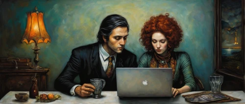 man with a computer,girl at the computer,computer addiction,online date,adam and eve,young couple,gothic portrait,man and wife,computer,romantic portrait,two people,art painting,man and woman,internet addiction,woman eating apple,sci fiction illustration,apple icon,apple pair,romantic scene,computer art,Illustration,Realistic Fantasy,Realistic Fantasy 34