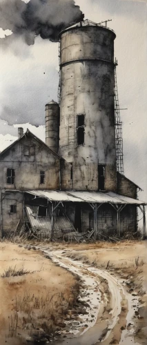 silo,industrial landscape,dust plant,industrial ruin,grain plant,flour mill,old mill,salt mill,watertower,old windmill,dutch mill,oil tank,mill,smokestack,factory chimney,old factory,concrete plant,watercolor sketch,watercolor,dungeness,Conceptual Art,Fantasy,Fantasy 33