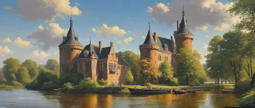 hogwarts,fantasy landscape,fairy tale castle,moated castle,city moat,moat,water castle,fantasy picture,fairytale castle,medieval castle,speicherstadt,shanghai disney,knight's castle,castles,zamek malbork,dutch landscape,river landscape,fantasy city,castel,fantasy art,Illustration,Retro,Retro 09