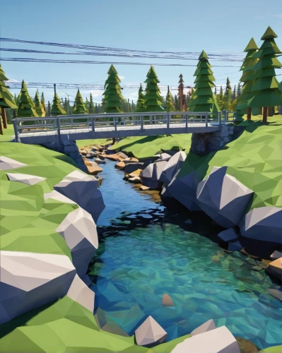 log bridge,virtual landscape,low poly,flowing creek,scenic bridge,beam bridge,ravine,salt meadow landscape,river pines,waterway,low-poly,a river,streams,water courses,low water crossing,wooden bridge,pond,water channel,waterways,development concept,Unique,3D,Low Poly