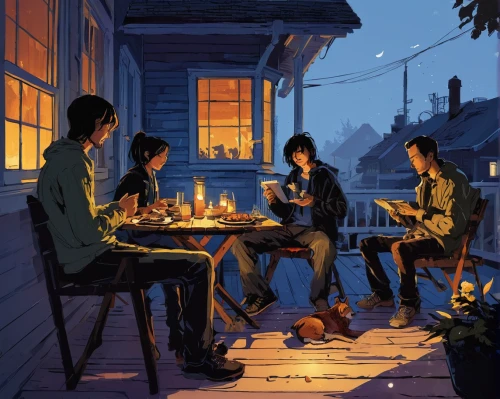 family dinner,romantic dinner,evening atmosphere,summer evening,dining,barbecue,game illustration,izakaya,diner,summer bbq,romantic night,dinner party,outdoor dining,street cafe,teatime,candle light dinner,cat's cafe,picnic,the coffee shop,four o'clock family,Conceptual Art,Fantasy,Fantasy 08