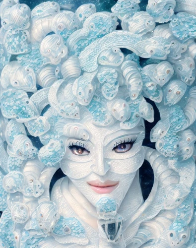 ice queen,porcelain rose,white rose snow queen,the snow queen,bjork,water rose,pierrot,water lotus,coral guardian,porcelaine,water nymph,blue and white porcelain,suit of the snow maiden,eternal snow,fantasy portrait,meringue,medusa,aquarius,hydrangeas,hydrangea,Game&Anime,Manga Characters,Fantasy