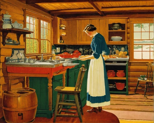 girl in the kitchen,victorian kitchen,vintage kitchen,kitchen interior,the kitchen,kitchen,housework,housewife,homemaker,kitchenware,kitchen work,cookery,laundress,cleaning woman,big kitchen,kitchen shop,laundry room,kitchen cabinet,galley,domestic life,Illustration,Retro,Retro 15