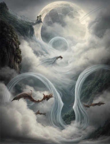 fantasy picture,fantasy landscape,fantasy art,japanese waves,nine-tailed,world digital painting,wind wave,chinese art,dragon boat,the wind from the sea,chinese clouds,wave of fog,3d fantasy,sea of clouds,dragon of earth,dragon bridge,swan lake,the mystical path,flow of time,photomanipulation,Game Scene Design,Game Scene Design,Chinese Martial Arts Fantasy