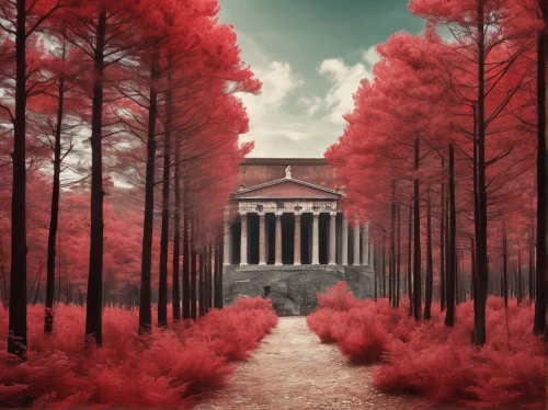 landscape red,mortuary temple,temple of diana,greek temple,red tree,ancient greek temple,photomanipulation,roman temple,temple fade,forest chapel,secret garden of venus,photo manipulation,pantheon,red place,forest of dreams,pillars,villa borghese,neoclassical,red milan,necropolis,Conceptual Art,Fantasy,Fantasy 23