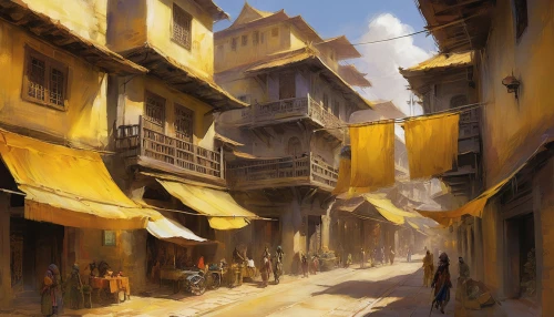 souk,narrow street,souq,old city,medieval street,riad,stone town,grand bazaar,old town,medina,ancient city,spice souk,world digital painting,slums,alleyway,street scene,merchant,medieval town,the cobbled streets,the old town,Illustration,Paper based,Paper Based 11