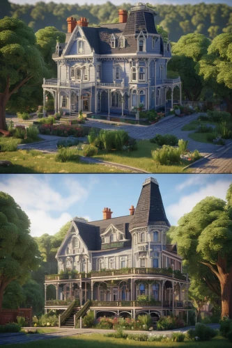 victorian,studio ghibli,country estate,victorian house,grand hotel,mansion,fairy tale castle,doll's house,country hotel,violet evergarden,new england style house,beautiful home,3d rendered,house painting,beautiful buildings,bendemeer estates,large home,country house,manor,development concept,Illustration,Paper based,Paper Based 22