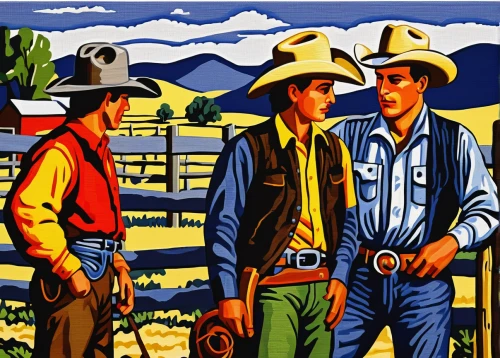 cowboys,cowboy silhouettes,farm workers,team penning,farmers,western film,square dance,cool pop art,cool woodblock images,western riding,western,country-western dance,vintage illustration,forest workers,farmworker,retro 1950's clip art,american frontier,straw hats,rodeo,vintage art,Art,Artistic Painting,Artistic Painting 39