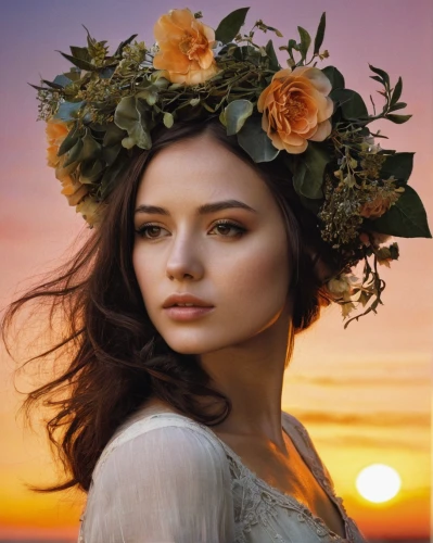 girl in a wreath,flower crown,spring crown,flower crown of christ,floral wreath,beautiful girl with flowers,headdress,blooming wreath,flower hat,rose wreath,wreath of flowers,headpiece,girl in flowers,summer crown,sun bride,flower wreath,flower in sunset,romantic portrait,golden wreath,flower girl,Illustration,Realistic Fantasy,Realistic Fantasy 29