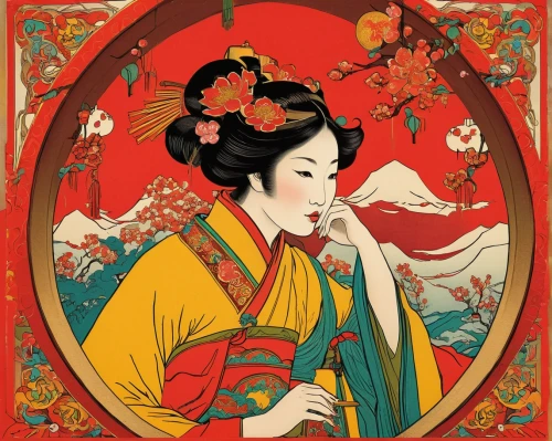 geisha,geisha girl,oriental painting,oriental princess,oriental girl,japanese art,chinese art,japanese woman,cool woodblock images,oriental,kimono fabric,mulan,asia,amano,kitsune,peking opera,asian woman,junshan yinzhen,taiwanese opera,plum blossoms,Illustration,Retro,Retro 11