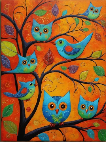 halloween owls,owl art,orange tree,birds on branch,owlets,owls,songbirds,birds on a branch,owl pattern,bird painting,couple boy and girl owl,owl nature,carol colman,blue birds and blossom,cats in tree,finches,colorful birds,wild birds,robins in a winter garden,whimsical animals,Illustration,Realistic Fantasy,Realistic Fantasy 03