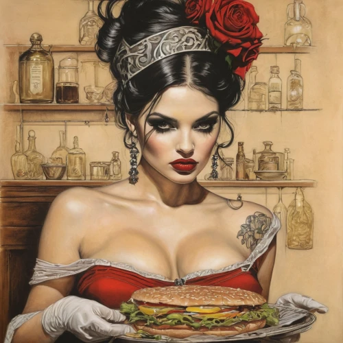 woman at cafe,woman holding pie,david bates,victorian lady,cemita,girl with bread-and-butter,girl in the kitchen,appetite,burguer,waitress,bistrot,red robin,barmaid,diner,sicilian cuisine,mediterranean cuisine,caterer,vintage woman,bistro,muffuletta,Illustration,Realistic Fantasy,Realistic Fantasy 10