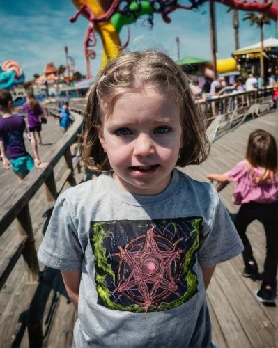 santa monica pier,coney island,little girl in wind,photographing children,girl in t-shirt,annual fair,marine invertebrates,sea creatures,child portrait,child model,girl with speech bubble,little girl twirling,board walk,the beach crab,photos of children,child's frame,on the pier,kite flyer,rides amp attractions,boardwalk,Illustration,Realistic Fantasy,Realistic Fantasy 47