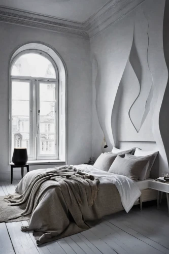 canopy bed,bedroom,scandinavian style,danish furniture,bed linen,wall plaster,sleeping room,soft furniture,duvet cover,danish room,modern decor,bed frame,modern room,bedding,contemporary decor,chaise longue,bed,interior design,wall decoration,art nouveau design,Illustration,Black and White,Black and White 07
