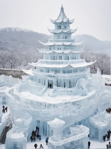 ice castle,ice landscape,ice wall,frozen ice,korean village snow,water cube,snow roof,white temple,artificial ice,ice rain,chinese architecture,south korea,ice crystal,snow mountain,infinite snow,asian architecture,winter house,marble palace,ice,ice rink,Illustration,Paper based,Paper Based 20