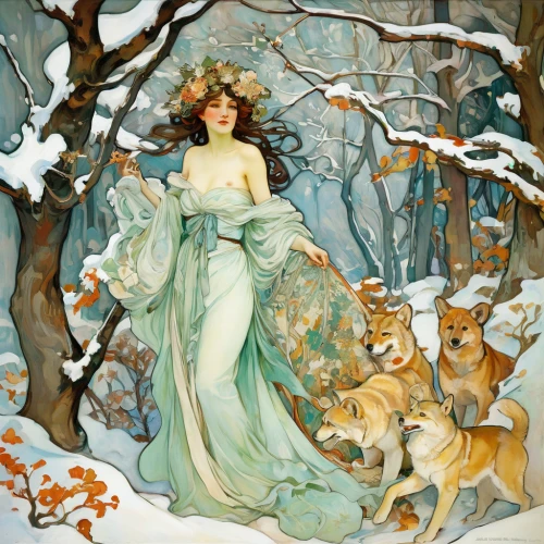 the snow queen,mucha,suit of the snow maiden,kate greenaway,snow white,white rose snow queen,dryad,vintage illustration,snow scene,winter animals,faun,fairy tales,glory of the snow,landseer,winter dream,woodland animals,girl with dog,alfons mucha,a fairy tale,fairy tale,Conceptual Art,Oil color,Oil Color 18