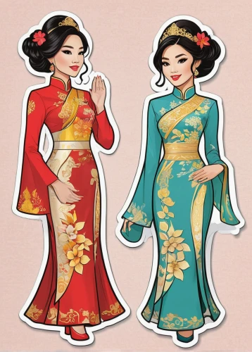 ao dai,hanbok,clipart sticker,sewing pattern girls,retro paper doll,oriental princess,watercolor women accessory,stickers,vintage paper doll,chinese icons,new year clipart,fashion vector,asian costume,chinese style,korean culture,oriental,japanese icons,plum blossoms,sticker,jasmine blossom,Unique,Design,Sticker