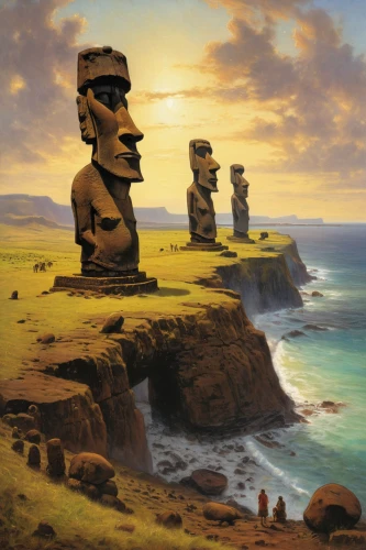 easter island,easter islands,rapa nui,the moai,moai,rapanui,stone statues,ancient people,the sculptures,the twelve apostles,stone figures,guards of the canyon,ancient civilization,statues,orkney island,rock formation,united states national park,maya civilization,marvel of peru,twelve apostles,Art,Classical Oil Painting,Classical Oil Painting 13