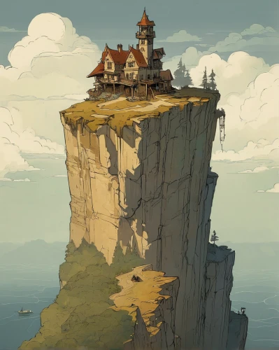 summit castle,floating island,lighthouse,cliff top,cliffs,house of the sea,sea stack,island suspended,gold castle,knight's castle,cliffs ocean,landmark,red cliff,fairy chimney,mushroom island,the island,lookout tower,watchtower,castle,castel,Illustration,Children,Children 04