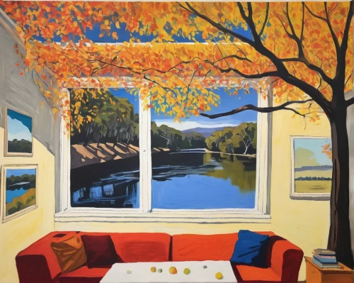 autumn landscape,fall landscape,autumn idyll,autumn decor,boathouse,one autumn afternoon,kitchen table,autumn still life,home landscape,art painting,summer cottage,meticulous painting,autumn decoration,houseboat,fall picture frame,carol colman,house by the water,river view,oil painting on canvas,fabric painting,Illustration,Paper based,Paper Based 21