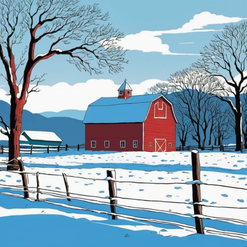 winter landscape,red barn,snow landscape,snowy landscape,christmas landscape,snow scene,farm landscape,new england,vermont,barns,snow fields,winter background,david bates,farmstead,christmas snowy background,rural landscape,farm background,cool woodblock images,new england style,the farm,Illustration,Vector,Vector 11