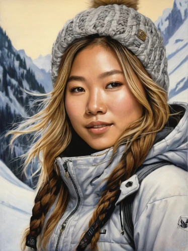 oil painting on canvas,david bates,oil painting,asian woman,girl portrait,art painting,snow drawing,eskimo,oil on canvas,painting technique,photo painting,street artist,artist portrait,colored pencil background,denali,chinese art,girl drawing,inner mongolian beauty,chalk drawing,nunatak,Illustration,Realistic Fantasy,Realistic Fantasy 14