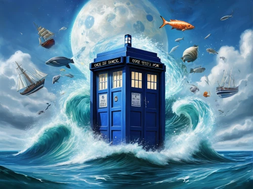 tardis,doctor who,diving bell,dr who,cube sea,sci fiction illustration,under sea,sea fantasy,the wind from the sea,submersible,god of the sea,blue planet,waterglobe,regeneration,open sea,the eleventh hour,tour to the sirens,world digital painting,underwater world,fantasy picture,Illustration,Realistic Fantasy,Realistic Fantasy 19