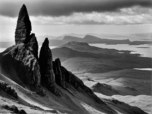 isle of skye,three peaks,scottish highlands,orkney island,kirkjufell,bullers of buchan,scotland,volcanic landscape,isle of mull,rock needle,glencoe,eastern iceland,mountainous landforms,nordland,the needle,scottish folly,minarets,highlands,mountain peak,extinct volcano,Photography,Black and white photography,Black and White Photography 10