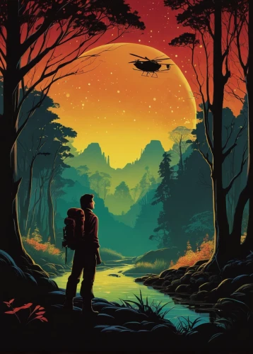 couple silhouette,vintage couple silhouette,ufos,travelers,trek,sci fiction illustration,map silhouette,firefly,travel poster,silhouette art,space art,fire planet,lost in space,astronomers,ufo,abduction,volcano,et,would a background,dusk,Illustration,Vector,Vector 09
