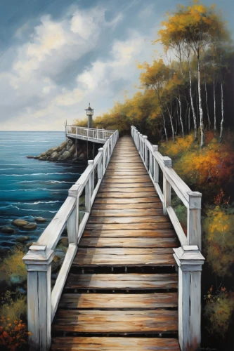 wooden bridge,wooden pier,fishing pier,coastal landscape,boardwalk,scenic bridge,landscape background,humpback bridge,walkway,sea landscape,wooden path,beach landscape,boat dock,pathway,board walk,pier,hangman's bridge,old pier,jetty,bridge,Illustration,Realistic Fantasy,Realistic Fantasy 34