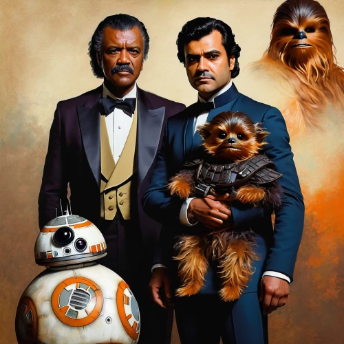 lando,family portrait,business icons,artists of stars,fathers and sons,star wars,starwars,wedding icons,cg artwork,icons,harmonious family,gentleman icons,chewbacca,empire,the dawn family,collectible action figures,personages,imperial,family photos,oddcouple,Art,Classical Oil Painting,Classical Oil Painting 44