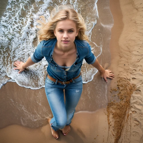 girl on the dune,the blonde in the river,walk on the beach,portrait photography,girl on the river,playing in the sand,footprints in the sand,footprint in the sand,on the shore,blonde woman,head stuck in the sand,jeans background,the blonde photographer,beach background,looking down,barefoot,beached,blond girl,bluejeans,photoshoot with water,Photography,General,Natural