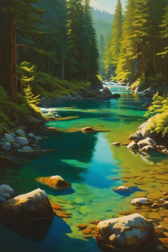 river landscape,mountain river,a river,forest landscape,freshwater,flowing creek,mountain stream,landscape background,streams,emerald sea,green water,nature landscape,clear stream,coniferous forest,mountain spring,green landscape,natural landscape,calm water,painting technique,brook landscape,Conceptual Art,Daily,Daily 12