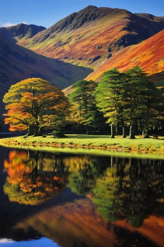 lake district,scottish highlands,autumn mountains,north of scotland,yorkshire dales,autumn landscape,scotland,wales,yorkshire,loch,brecon beacons,reflection in water,autumn colours,autumn trees,exmoor,derbyshire,water reflection,autumn idyll,larch trees,reflection of the surface of the water,Illustration,Abstract Fantasy,Abstract Fantasy 02