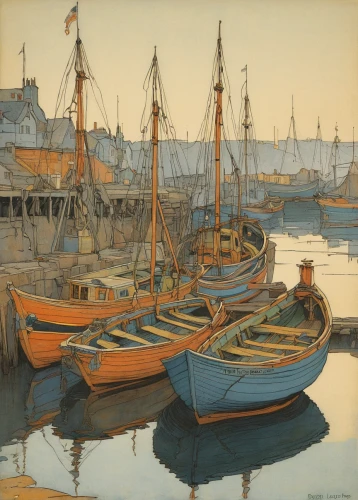 boats in the port,fishing boats,wooden boats,small boats on sea,boats,rowboats,david bates,seaport,harbour,harbor,olle gill,row boats,wherry,boat yard,brixham,sailing boats,july 1888,old ships,harlingen,ship yard,Illustration,Retro,Retro 07