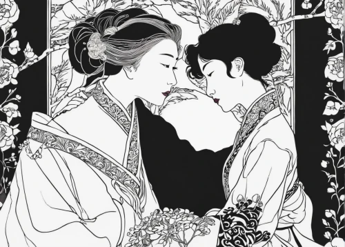 scent of jasmine,tuberose,kimjongilia,luo han guo,amano,oriental painting,geisha,chinese art,kissing,young couple,girl kiss,plum blossoms,geisha girl,jasmine blossom,floral greeting,japanese art,mother kiss,kiss flowers,rou jia mo,oriental princess,Illustration,Black and White,Black and White 24