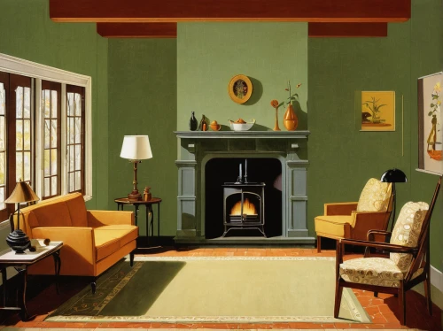 sitting room,mid century,mid century modern,livingroom,living room,family room,house painting,fireplace,danish room,mid century house,fireplaces,reading room,interiors,mantle,settee,vintage art,billiard room,vintage illustration,doll's house,home interior,Illustration,Retro,Retro 15