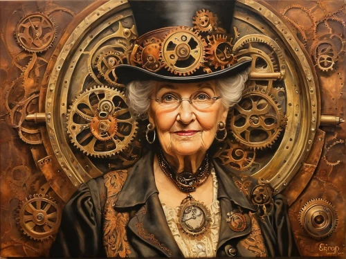 elderly lady,key-hole captain,old woman,steampunk,grandmother,the hat of the woman,grandfather clock,mary-gold,the hat-female,oil on canvas,cog,grandma,oil painting on canvas,clockmaker,pensioner,artist portrait,elderly person,pilgrim,ann margarett-hollywood,girl with a wheel,Illustration,Realistic Fantasy,Realistic Fantasy 13