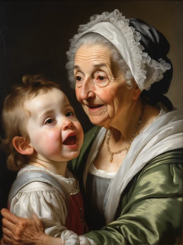child portrait,nanny,mother with child,elderly lady,grandmother,mother and child,old woman,little girl and mother,bougereau,father with child,woman holding pie,grandma,grama,granny,bouguereau,grandchildren,grandchild,elderly person,mother with children,mother and infant,Art,Classical Oil Painting,Classical Oil Painting 26