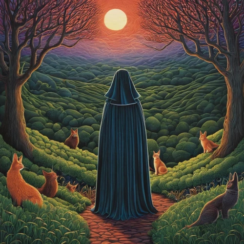 the mystical path,pilgrimage,hare field,druids,the witch,black shepherd,hare trail,fantasia,howling wolf,pilgrim,witch's house,celebration of witches,red riding hood,orange robes,cat,the mother and children,holy forest,pagan,vader,animal lane,Illustration,Realistic Fantasy,Realistic Fantasy 11