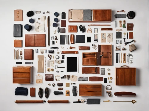 compartments,a drawer,flat lay,assemblage,cork board,leather compartments,leather suitcase,disassembled,summer flat lay,chest of drawers,drawers,building materials,leather goods,christmas flat lay,luxury accessories,materials,organization,drawer,objects,components,Unique,Design,Knolling
