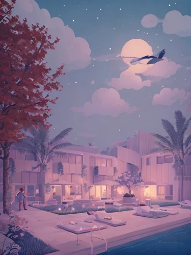 night scene,beach house,dreamland,evening atmosphere,dream world,moonlight,seaside resort,moonlit night,idyllic,beachhouse,honeymoon,night bird,motel,summer evening,nighttime,lonely house,sky apartment,holiday motel,delight island,night sky,Game&Anime,Doodle,Fairy Tale Illustrations