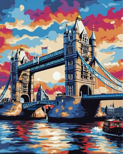 tower bridge,london bridge,fuller's london pride,london,thames,city of london,river thames,united kingdom,great britain,thames trader,london buildings,england,uk,bridge new europe,big ben,art painting,bridges,colorful city,cool pop art,uk sea,Illustration,Paper based,Paper Based 28