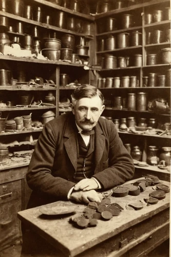 shoemaker,tinsmith,metalsmith,watchmaker,ambrotype,pottery,apothecary,shoemaking,silversmith,carpenter,a carpenter,artisan,pipe smoking,sculptor ed elliott,hatmaking,merchant,braque francais,vendor,1900s,sculptor,Illustration,Retro,Retro 07