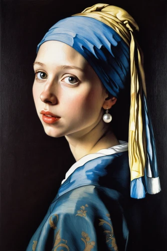 girl with a pearl earring,portrait of a girl,girl with cloth,holbein,italian painter,girl portrait,girl with bread-and-butter,cepora judith,mazarine blue,portrait of christi,young girl,young woman,blue painting,girl in cloth,art painting,girl wearing hat,headscarf,portrait of a woman,meticulous painting,oil painting,Illustration,Paper based,Paper Based 29