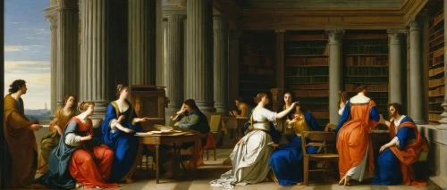 school of athens,celsus library,contemporary witnesses,apollo and the muses,bellini,bibliology,the annunciation,justitia,the death of socrates,academic dress,digitization of library,court of law,orange robes,library book,pentecost,court of justice,bookselling,library,barberini,athenaeum,Art,Classical Oil Painting,Classical Oil Painting 33