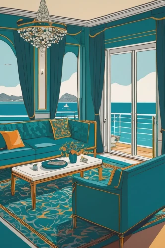 houseboat,beach house,blue room,on a yacht,ocean view,sitting room,livingroom,art deco,beachhouse,apartment lounge,interiors,living room,emerald sea,seaside view,sea fantasy,window treatment,luxury suite,luxury property,royal yacht,lounge,Illustration,Vector,Vector 06