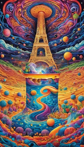 psychedelic art,lsd,trip computer,fractals art,psychedelic,trippy,eiffel,mushroom landscape,trip,paris,panoramical,space art,strange structure,parallel worlds,eiffel tower,kaleidoscope art,dimensional,cosmic eye,lava lamp,astral traveler,Illustration,Realistic Fantasy,Realistic Fantasy 39